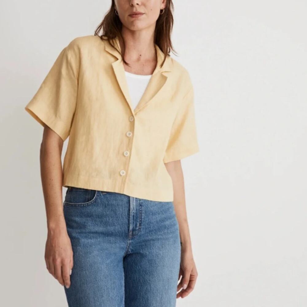 Madewell Women’s 100% Linen Cropped Resort Button Front Yellow Top Medium